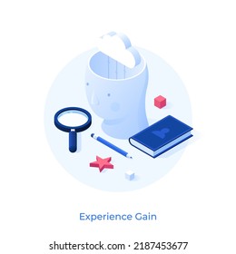 Cloud inside human head, magnifying glass and book. Concept of gaining business knowledge, work experience, obtaining skills through practice. Modern vector illustration in pseudo 3d style for banner.