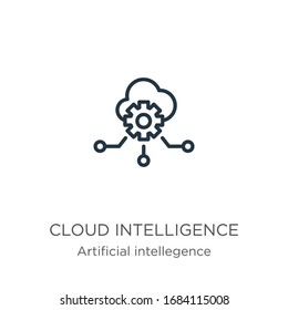 Cloud intelligence icon. Thin linear cloud intelligence outline icon isolated on white background from artificial intellegence and future technology collection. Line vector sign, symbol for web and 