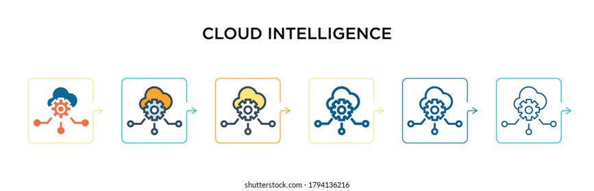 Cloud intelligence vector icon in 6 different modern styles. Black, two colored cloud intelligence icons designed in filled, outline, line and stroke style. Vector illustration can be used for web, 