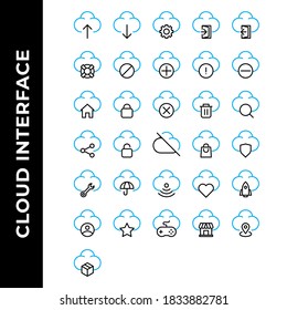 cloud interface icon set include upload, user interface, computing, internet of thing, download, setting, gear, sign in, door, sign out, life buoy, help, block, add, plus, warning, sign