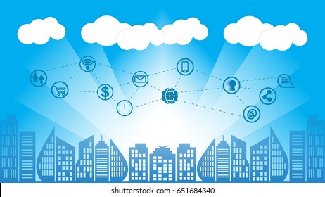 Cloud Internet connectivity concept, multimedia and data communication world connecting. Cloud computing City and Suburb Network background. Vector illustration.