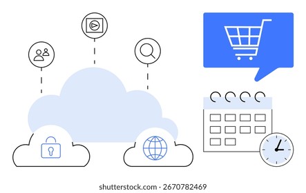 Cloud mit Internet, Schloss, Globussymbole verbunden mit Benutzer, Medien, Suche. Hervorhebung Warenkorb, Kalender, Uhr. Ideal für Cloud-Computing, Online-Sicherheit, globalen Zugriff, E-Commerce