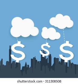 Cloud and Internet trading concept, Currency on City Background, Vector