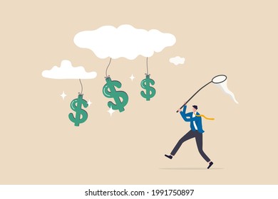 Cloud investment, new technology using cloud computing stock rising up and gain more profit in new normal economic concept, businessman investor catching dollar money sign falling from cloud.
