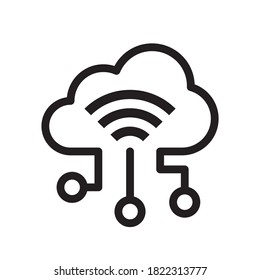 Cloud IOT icon with wifi sign, Internet of Things symbol, black line isolated on white background, vector illustration.