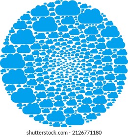 Cloud items are organized into globe collection. Cloud icon round mosaic. Abstract round cluster collage is organized with cloud icons.