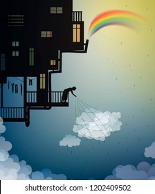 cloud keeper, creating the rainbow catching the cloud, magic house on the heavens in the dreamland, rain keeper, scene from wonderland, silhouette story, shadows,  vector