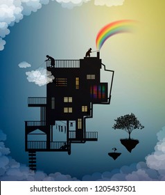 cloud keeper, creating the rainbow catching the cloud, magic house on the heavens in the dreamland, rain keeper, scene from wonderland, silhouette story, shadows,  vector