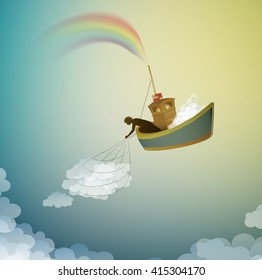 cloud keeper, creating the rainbow catching the cloud, magic ship in the dreamland, scene from wonderland, vector