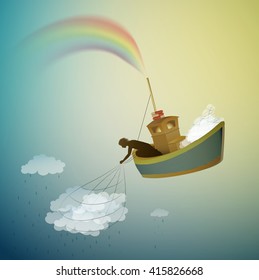 cloud keeper, creating the rainbow catching the cloud, magic ship in the dreamland, rain keeper, scene from wonderland, vector