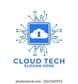 Cloud with Key hole and circuit network logo icon vector. Cloud computing icon vector logo design template.