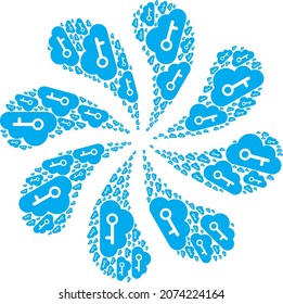 Cloud key icon twirl twist flower salute composition. Flower cluster created from scattered cloud key icons.