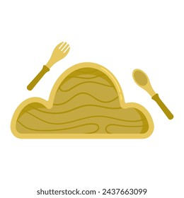 Cloud kid tableware. Wooden plate, fork, spoon for child. Kids eco-friendly utensils. Baby nutrition and feeding lifestyle concept. Isolated vector illustration in cartoon style