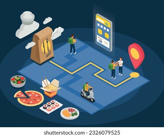 Cloud kitchen concept with order delivery symbols isometric vector illustration