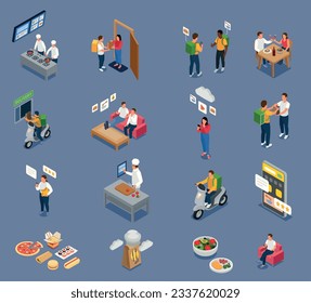 Cloud kitchen isometric icons collection with couriers and people waiting for their orders isolated vector illustration