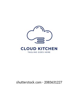 Cloud Kitchen Logo, Digital Technology Cloud Kitchen With Fork Monoline Line Icon Logo