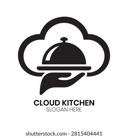 Cloud Kitchen logo displays a serving tray encased in a cloud motif, held gently by a supporting hand design. This professional corporate identity structure is ideally suited for food delivery apps, catering services, online meal providers, or cloud kitchen networks wanting a modern business logo.