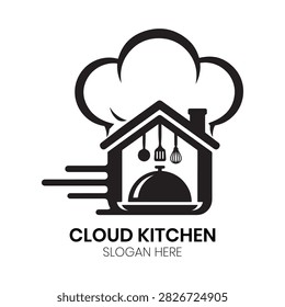 Cloud Kitchen logo showcases a streamlined commercial kitchen building topped with a chef hat and speed lines beneath a stylized cloud. This professional, efficient design is exceptionally well-suited for virtual food brands, ghost kitchen networks, online culinary services, food delivery startups, or catering management companies looking for a clean identity highlighting speed, organization, and professional cooking.