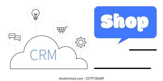 Cloud labeled with CRM with icons showing gear, shopping cart, chat, and light bulb. Ideal for business management, customer service, e-commerce, retail software, and cloud technology. Clean minimal