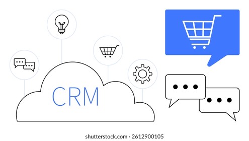 Cloud labeled CRM surrounded by icons lightbulb, speech bubbles, shopping cart, gear. Additional chat bubbles icon and shopping cart within blue speech bubble. Ideal for business automation, customer
