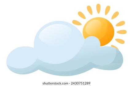 Cloud landscape, cloud with sun, sunny weather with clouds on a white background. Flat design of cartoon cloud and sun. Sunset, sunrise, daytime weather. Rain clouds with sun.
