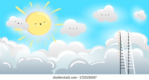 Paisaje en nubes con un bonito carácter solar. Papel tapiz para habitación infantil con medidor de crecimiento. Ilustración vectorial.