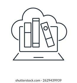 Nuvem, laptop, livros. Biblioteca eletrônica online.Ícone de ilustração linear vetorial isolado no plano de fundo branco.