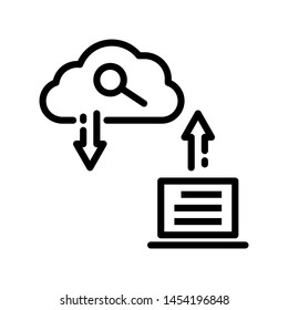 Cloud with laptop and Magnifier isolated on white background ,Thin line icon ,Vector Illustration for web or app stock