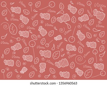 Cloud, leaf, cherry, spiral, drop. Background, texture, wallpaper. For textiles, children's coloring. White black graphics
