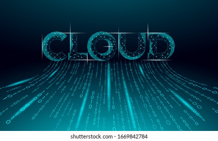 3D-glühende geometrische Inschrift mit Wolkenschrift. Konzept der digitalen Computer-Online-Speichertechnologie. Vektorillustration zum mehrsprachigen Austausch globaler Daten