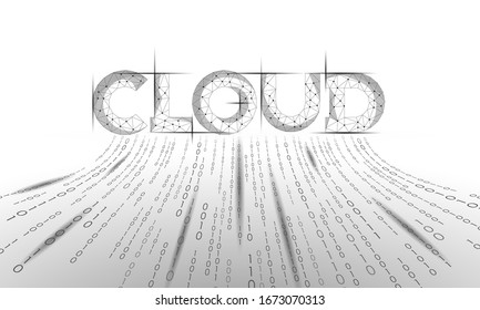 Cloud lettering 3D white geometric inscription. Digital computing online storage technology concept. Polygonal future global data information exchange background vector illustration