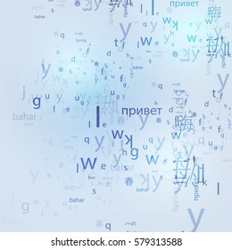 A cloud of letters and words in different languages, the concept of language learning background, polyglot.