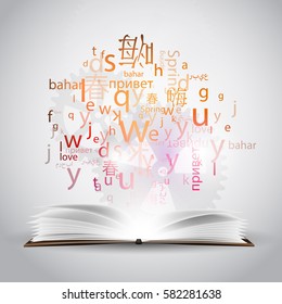 A cloud of letters and words in different languages, the concept of language learning background, polyglot.