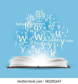 A cloud of letters and words in different languages, the concept of language learning background, polyglot. svg
