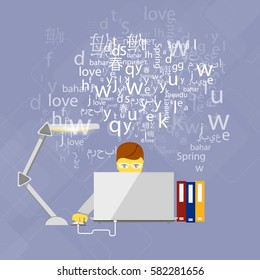 A cloud of letters and words in different languages, the concept of language learning background, polyglot.