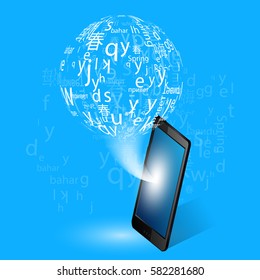 A cloud of letters and words in different languages, the concept of language learning background, polyglot.