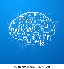A cloud of letters and words in different languages, the concept of language learning background, polyglot.