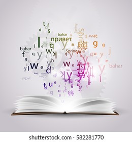 A cloud of letters and words in different languages, the concept of language learning background, polyglot.