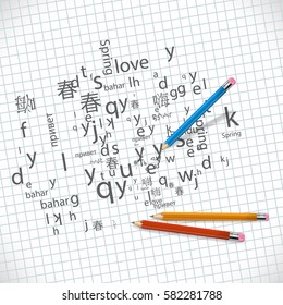 A cloud of letters and words in different languages, the concept of language learning background, polyglot.