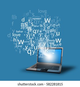 A cloud of letters and words in different languages, the concept of language learning background, polyglot.