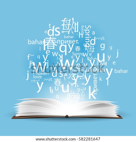 A cloud of letters and words in different languages, the concept of language learning background, polyglot.