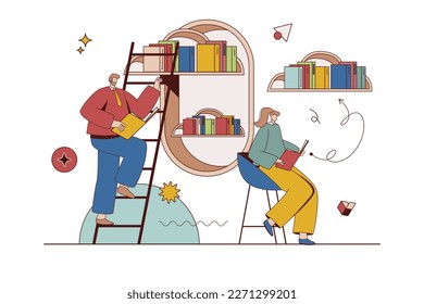 Concepto de biblioteca en nube con situación de caracteres en diseño plano. Hombre y mujer leyendo libros en línea y almacenando archivos con tecnología en la nube. Ilustración vectorial con escena de personas para web