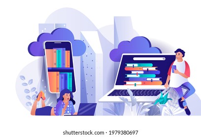 Cloud library concept in flat design. Online library and e-books scene template. Man and woman reading from smartphones, looking for books online. Vector illustration of people characters activities