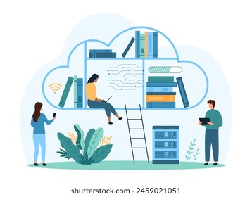 Cloud library with digital books for training and distance education. Tiny people connect to online platform and download data files, students learn at distant lesson cartoon vector illustration