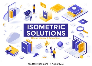 Cloud library and education set - students, books inside laptop and smartphone, online service for reading. Collection of isometric design elements isolated on white background. Vector illustration.