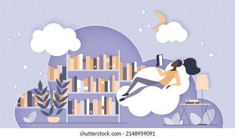 Cloud library online education. Faceless woman training, reading digital book anywhere with phone or reader device, literature storage and hosting data service for learning 3d flat vector illustration