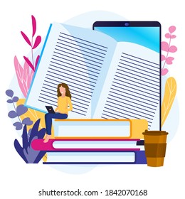 Cloud library, online reading service. Distance learning, e-education. Exam preparation with a textbook. Modern flat vector illustration for website.