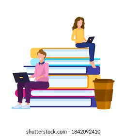 Cloud library, online reading service. Distance learning, e-education. Exam preparation with a textbook. Modern flat vector illustration for website.