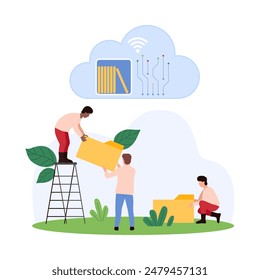 Cloud library service, data upload and management, transfer and sharing with privacy. Tiny people holding digital folder to download archive, backup and directory on shelf cartoon vector illustration