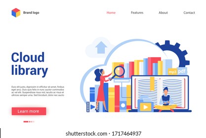 Cloud library vector illustration. Cartoon flat tiny people reading online books, learning data information. Interface website design for digital file library, mobile education, web database storage